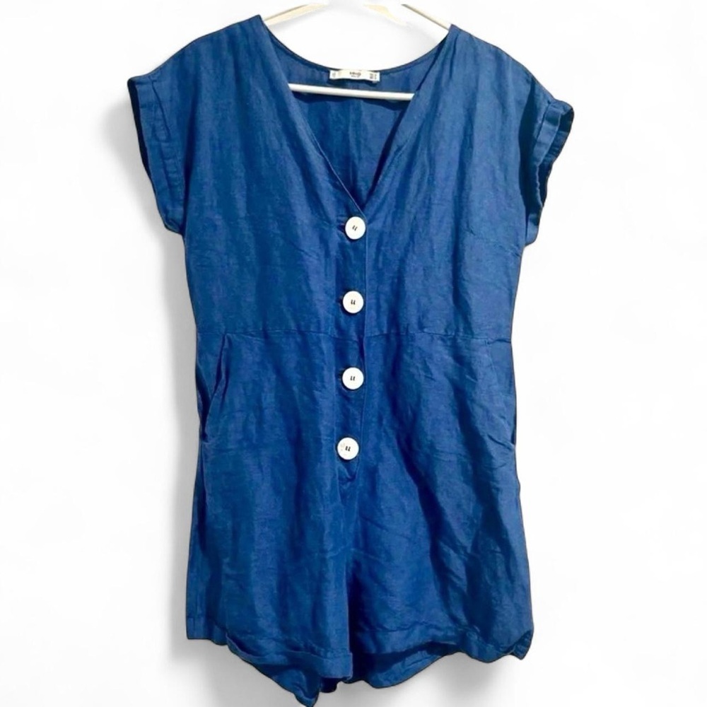 Mango Blue Short Sleeve Romper Playsuit Linen Size 6 Summer Vacation Girly